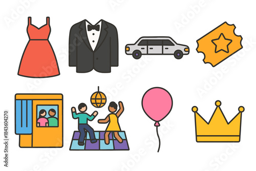 Prom night elements: formal attire, dance, limo, ticket, photo booth, balloon, crown