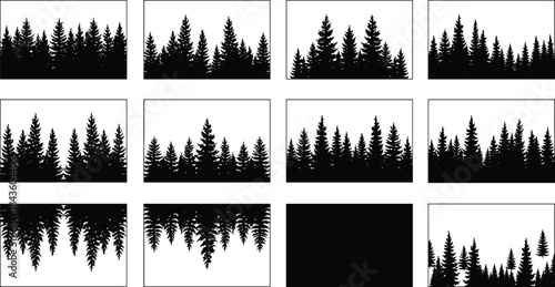 Forest silhouette, pine trees, conifer woodland, evergreen background, nature design, wilderness landscape, outdoor scenery, black silhouette, vector illustration, tree art