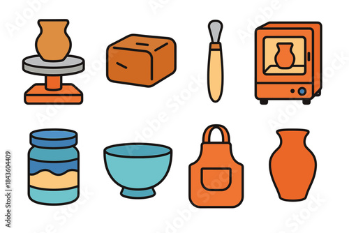 Pottery tools and equipment: wheel, kiln, clay, glazing jar, bowl, apron, vase