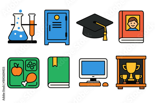 Educational icons set: chemistry, locker, graduation, portrait, lunch, book, computer, trophy