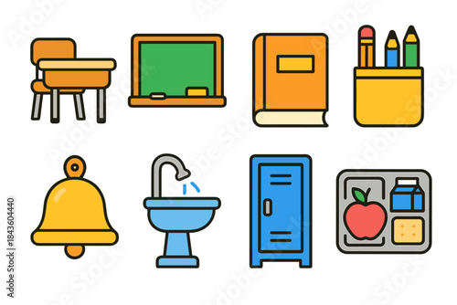 Colorful school icons featuring desk bell chalkboard books locker lunchbox
