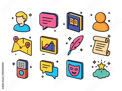 Storytelling Icons Showcase. Storytelling. Colorful isometric ve