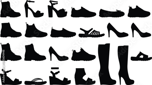 Shoe silhouette, footwear illustration, fashion design, sneakers icon, boots vector, sandals outline, high heels, loafers, black silhouette, style