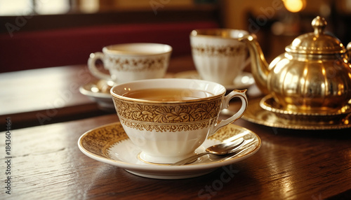 Elegant Vintage Tea Cup and Gold Teapot on Wooden Table in Cozy Cafe Setting