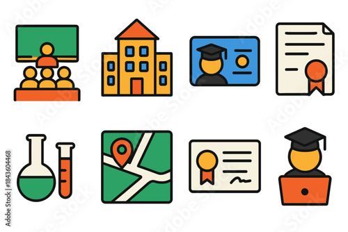 Education and learning icons set including classroom, school building, and graduation