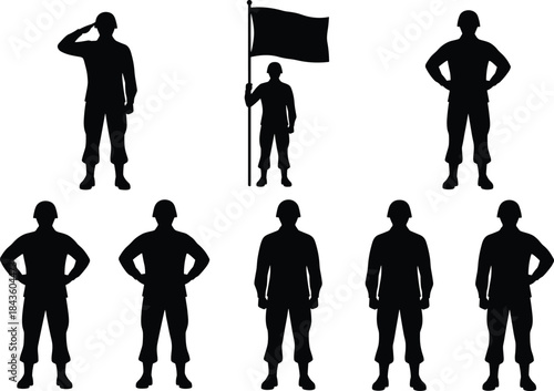 Soldier silhouette, military figures, army poses, saluting icon, flag bearer, standing posture, black silhouette, vector art, defense design