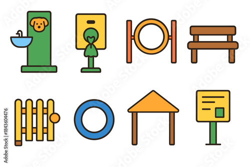 Colorful dog park equipment icons: hydration, jumping, shelter, benches