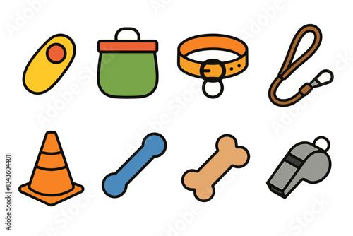 Colorful dog training accessories: clicker, treat bag, collar, leash, cone, bones, whistle