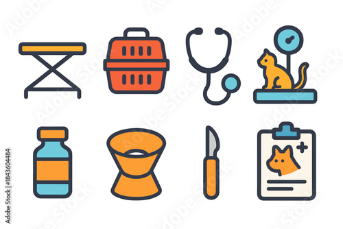 Veterinary equipment icons: stethoscope, pet carrier, cat scale, medicine, surgery, pet care