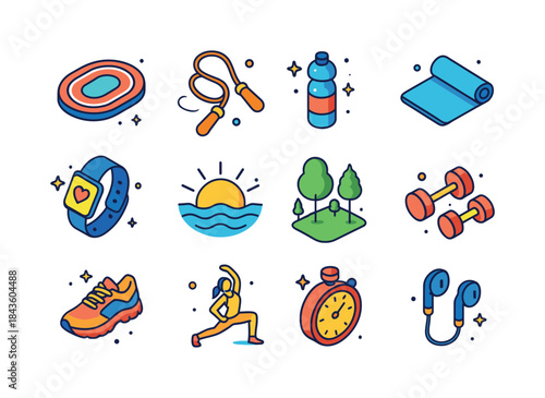 Outdoor Fitness Icons. Outdoor fitness. Colorful isometric vecto