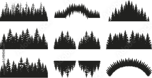 Silhouette forest, conifer trees, pine woodland, evergreen landscape, nature background, wilderness design, outdoor scenery, black silhouette, forest illustration, vector art