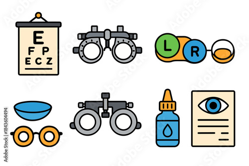Optometry tools and eye care icons: eye chart, glasses, binoculars, contact lens, eye drops