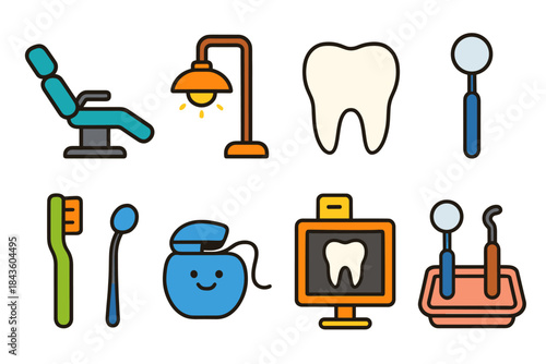 Dental tools and icons including chair, tooth, floss, and mirror