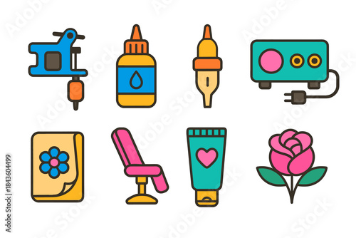 Colorful tattoo equipment icons set with machines, inks, and accessories
