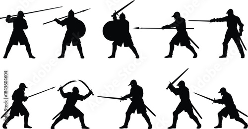 Warrior silhouette, combat figures, medieval fighters, sword icon, spear design, shield illustration, battle stance, black silhouette, vector art