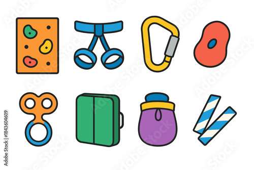 Colorful climbing gear icons set: wall, harness, carabiner, chalk bag, belay device