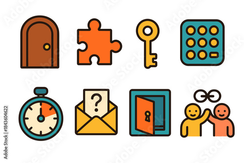 Escape room icons: door, puzzle, key, code, timer, envelope, mystery, puzzle solvers