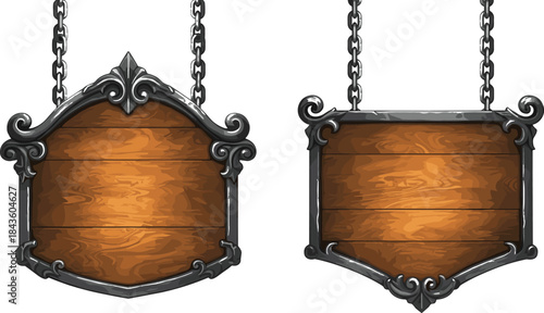 Wooden hanging sign, ornate signage, wrought iron frame, decorative scrollwork, rustic design, fantasy style, blank board, vector art, illustration