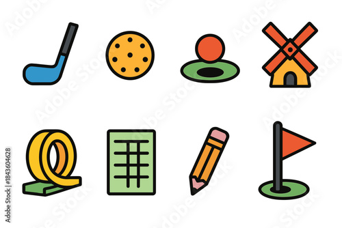 Colorful mini golf and sports icons set on white background