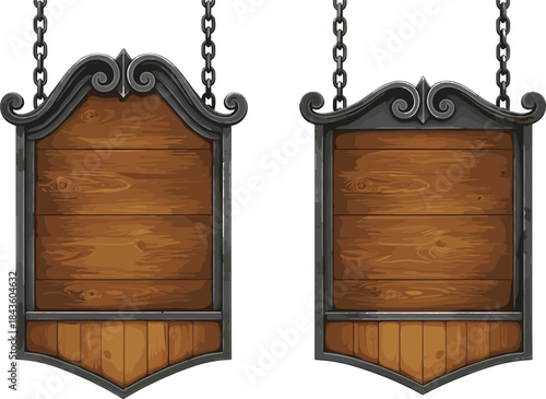 Wooden hanging sign, vintage signage, wrought iron frame, decorative scrollwork, rustic design, blank board, vector art, business sign, illustration