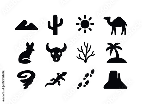 Desert Icon Array. Desert. Solid icon set of Desert: sand dune,