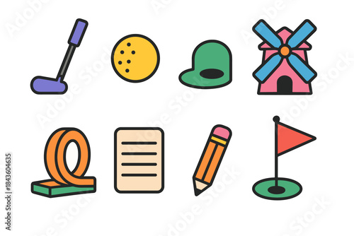 Colorful mini golf icons set featuring putter, ball, cap, windmill, flag, and more