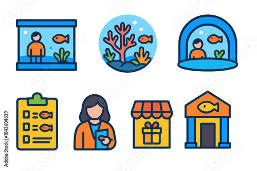 Aquarium icons: fish, coral, visitor, checklist, employee, shop, museum