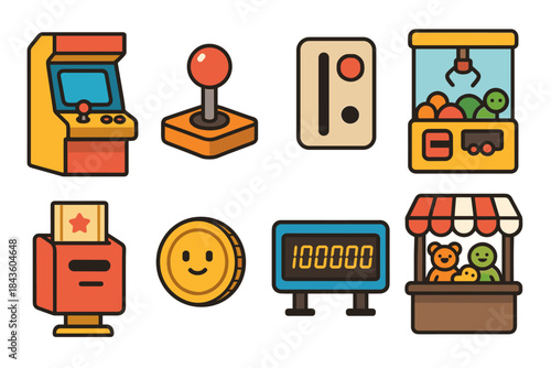 Colorful arcade game icons featuring joystick claw machine and prize counter
