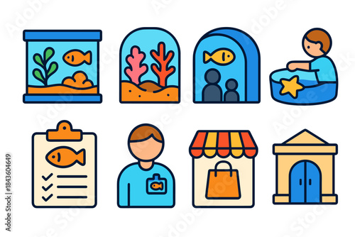Aquarium icons set: fish, coral, visitor, checklist, employee, shop, building