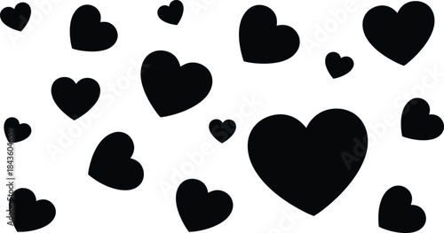 Black hearts graphic pattern. Various sized love symbols scattered on white background. Perfect for romantic designs and expressing affection in creative projects