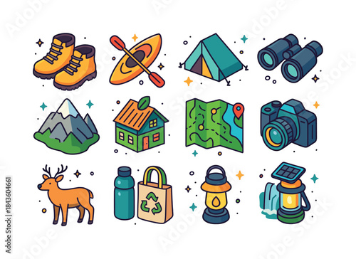 Eco Adventure Icons. Eco Adventures. Colorful isometric vector i