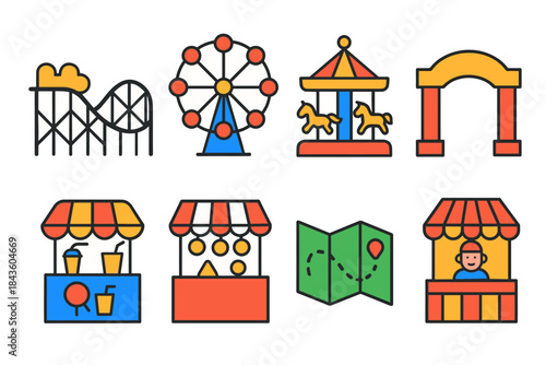 Amusement park elements: roller coaster, ferris wheel, carousel, booths, map icons