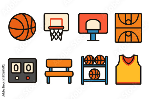 Basketball icons set: ball, hoop, court, scoreboard, bench, rack, jersey