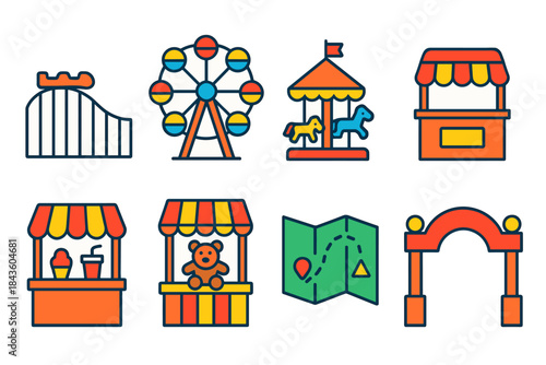 Colorful amusement park icons: ferris wheel, carousel, ticket booths, map, arch