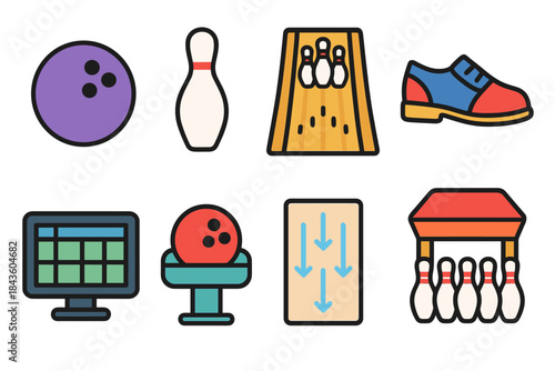 Colorful bowling icons: ball, pins, lane, shoe, scoreboard, ball holder, arrows, rack