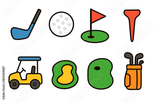 Colorful golf icons set with clubs, ball, cart, and course elements