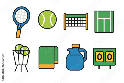 Tennis equipment icons: racket, ball, net, court, scoreboard, basket, towel, water jug