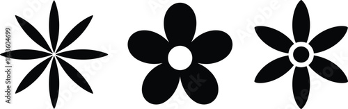 Minimal set of three black vector flower icons, featuring simple stylized designs with varying petal shapes and counts, ideal for representing nature, spring, floral patterns, and decorative elements.