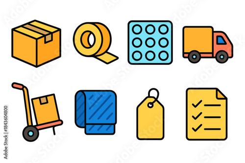 Colorful logistics and shipping icons: box, tape, truck, and more