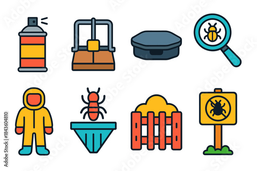 Pest control tools and symbols: spray, traps, magnifying glass, protective gear, warning signs
