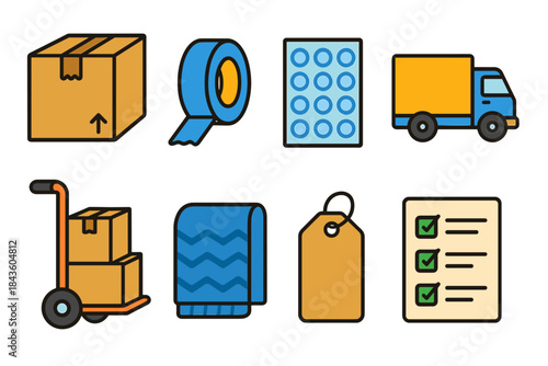 Shipping and packing icons: box, tape, bubble wrap, truck, cart, blanket, tag, checklist