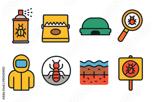 Pest control icons: spray, trap, magnifier, suit, bug, infestation warning signs
