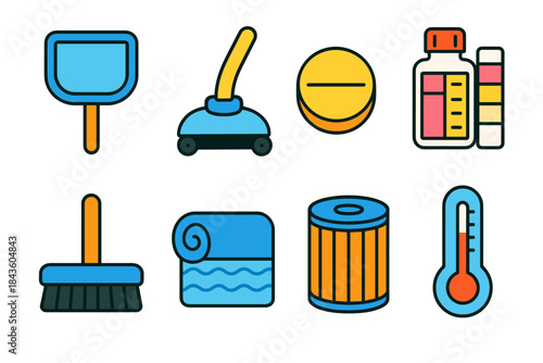 Colorful swimming pool cleaning and maintenance tools illustration