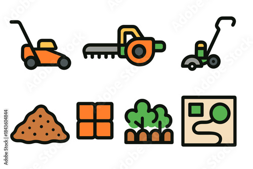 Garden tools and elements icons: lawn mower, chainsaw, plants, soil, pathway
