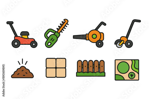 Colorful icons of lawn and garden equipment and landscaping elements