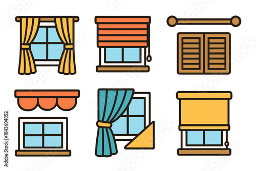 Assorted window treatments: curtains, blinds, and shutters