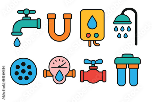 Colorful plumbing and water icons set with faucet, shower, and water heater