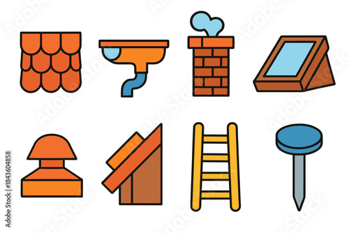 Colorful roofing and construction icons featuring tools and equipment
