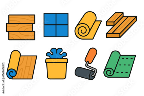 Colorful flooring and painting tools icon set