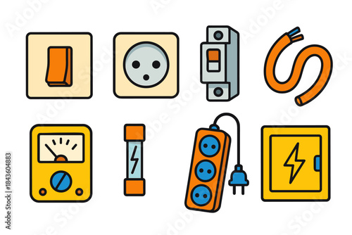 Colorful electrical icons set with outlets, switches, and cables illustrations
